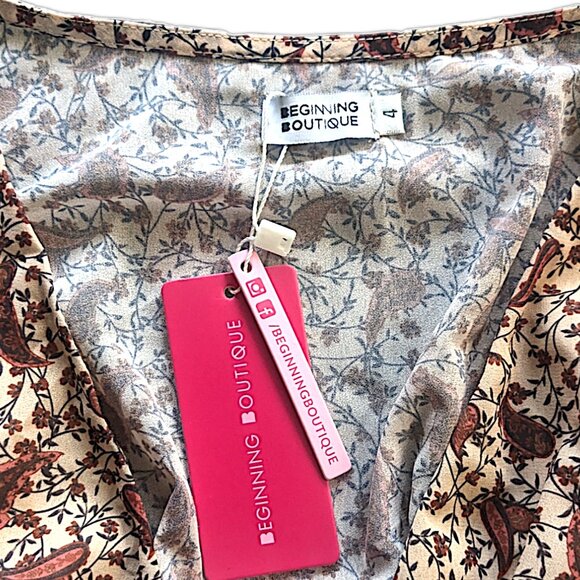 NWT Sz4 Beginning Boutique Blouse Balloon Sleeves TieFront Cropped Paisley Brown - Picture 2 of 2